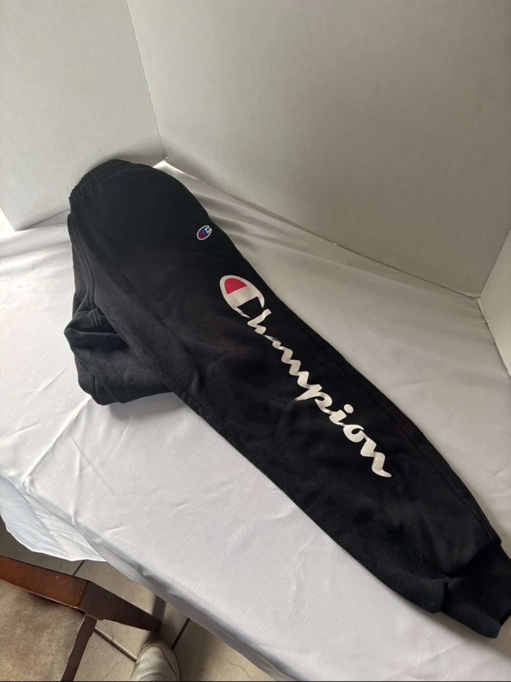 Champion Black Joggers with White Script and Red-Accent C